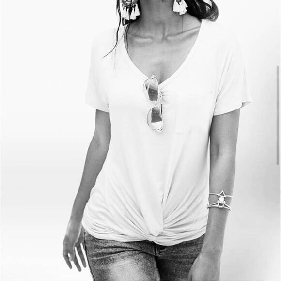 Venus white short sleeve t-shirt long twist front chest pocket women's tunic tee - Picture 2 of 9